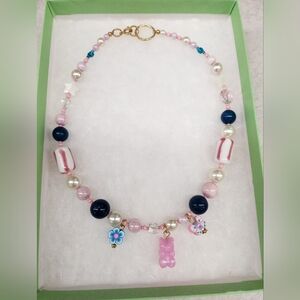 Pink and Blue Beaded Candy Like Pearl Necklace